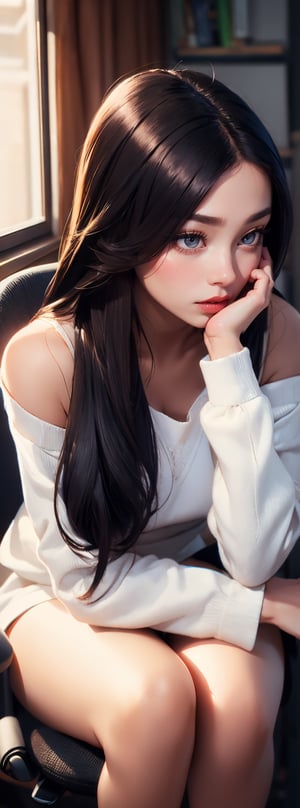 A beautiful Korean girl, wearing a white shirt, one shoulder, sitting on an office chair, holding her cheek with one hand, black super long hair, clear hair, tired expression, looking at the camera lazily, super wide angle, backlight, Light and dark effects, realistic style,