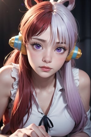 Uta, One Piece Red, RED half white hair, (PURPLE EYES), High Definition, 300 Dpi, 4k, beautiful, attractive, best quality, PERFECT RESULT, MASTERPIECE,1girl, Uta, One Piece,uta \(one piece\),tamaki,defa21,SAM YANG, , split-color hair