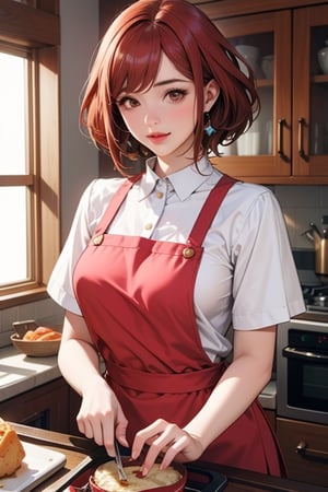 High Definition, 300 Dpi, 4k, beautiful, wearing a red  apron, cooking at kitchen, attractive, best quality, MASTERPIECE,1girl,More Detail,pyradef