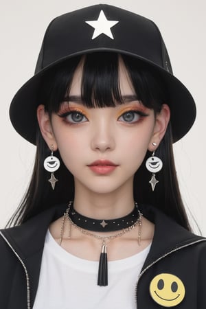 1girl, solo, long hair, looking at viewer, blush, bangs, shirt, black hair, hair ornament, hat, jewelry, closed mouth, jacket, upper body, earrings, choker, hood, blunt bangs, necklace, star \(symbol\), collar, black jacket, v-shaped eyebrows, grey eyes, black shirt, makeup, chain, piercing, ear piercing, spikes, hood up, spiked collar, badge, button badge, smiley face, chain necklace,Black