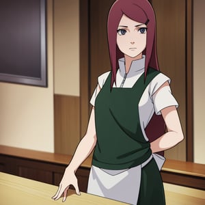 kushina, ,kushina, long hair, hair ornament, red hair, hairclip, (grey eyes:1.5),BREAK shirt, dress, jewelry, white shirt, short sleeves, apron, bracelet, green apron, collar,BREAK looking at viewer, upper body, full body, cowboy shot,BREAK indoors,BREAK (masterpiece:1.2), best quality, high resolution, unity 8k wallpaper, (illustration:0.8), (beautiful detailed eyes:1.6), extremely detailed face, perfect lighting, extremely detailed CG, (perfect hands, perfect anatomy),2D