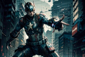 Captain America, cyberpunk, armour suit, dynamic pose