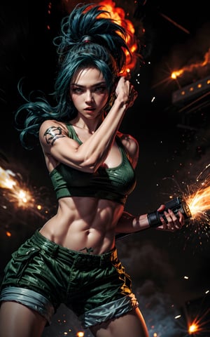 King of fighter Leona heidern, green military shorts, sports bra, clevage, blue hair, body tattoos, holding weapon, dynamic pose, intense face, war zone background with explosions,perfecteyes