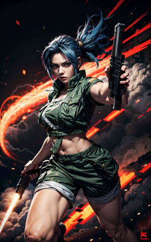 King of fighter Leona heidern, military shorts, blue hair, holding gun, dynamic pose, intense face, war zone background with explosions