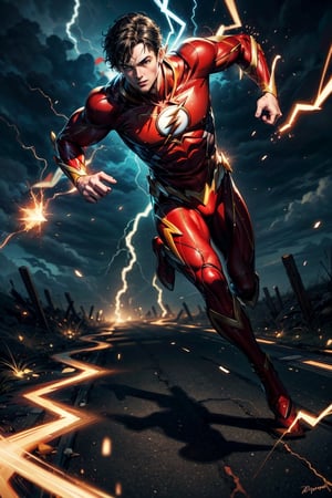 Create the most epic version of dc comics The Flash, in his signature red suit, yellow glowing lightning eyes, looking and running towards the viewer, in the background, Superman flying and chasing him, both speeding ahead, flashes and lightning bolt effects, epic sky