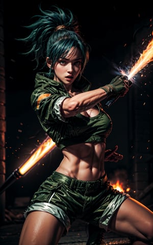King of fighter Leona heidern, green military shorts and jacket, sports bra, clevage, blue hair, body tattoos, holding dagger, dynamic pose, intense face, war zone background with explosions,perfecteyes