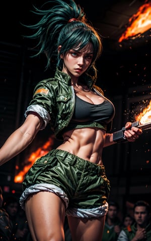 King of fighter Leona heidern, green military shorts and jacket, sports bra, clevage, blue hair, body tattoos, holding knife, dynamic pose, frowning face, war zone background with fire and explosions,perfecteyes
