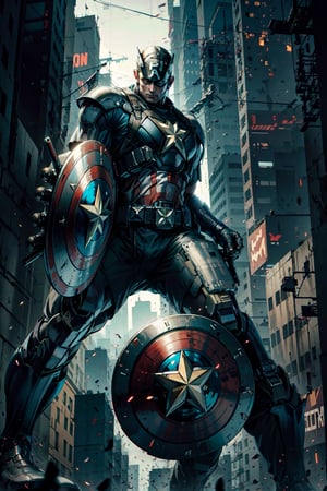 Captain America, cyberpunk, armour suit, holding shield, dynamic pose