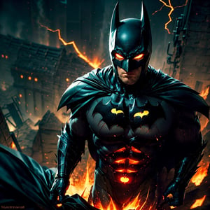 Create iconic Batman characterfrom the comics:

"Visualize the legendary "Batman", a prominent character from "Batman" Comic. full body, He's bloody and muscular physique, reflecting his formidable strength. Gold Glowing Eyes with electricity

"Batman" is clad in his signature suit. His defining ability is his mastery over guns.

Set him against a background of another Batman in raging fire in a samurai village, with black flames dancing in the backdrop, creating an inferno-like atmosphere. The flames should emphasize his fiery abilities and his unwavering resolve.

Capture this image to pay homage to Batman character, showcasing his powerful presence and his association with the element of black-fire. ((Perfect face)), ((perfect hands)), ((perfect body))