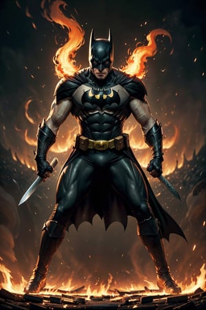 Masterpiece, UHD, 4k, "Visualize the legendary "Batman", a prominent character from "Batman" Comic. full body, He's bloody and muscular physique, reflecting his formidable strength

Batman" is clad in his signature suit, holding katana. 

Set him against a background of another Batman in raging fire in a samurai village, with black flames dancing in the backdrop, creating an inferno-like atmosphere. The flames should emphasize his fiery abilities and his unwavering resolve.

Capture this image to pay homage to Batman character, showcasing his powerful presence and his association with the element of black-fire. ((Perfect face)), ((perfect hands)), ((perfect body))