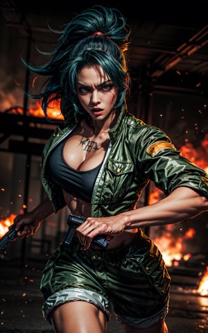 King of fighter Leona heidern, green military shorts and jacket, sports bra, clevage, blue hair, body tattoos, holding guns, dynamic pose, fierce expression face, looking at viewer, fiery war zone background with big explosions,perfecteyes
