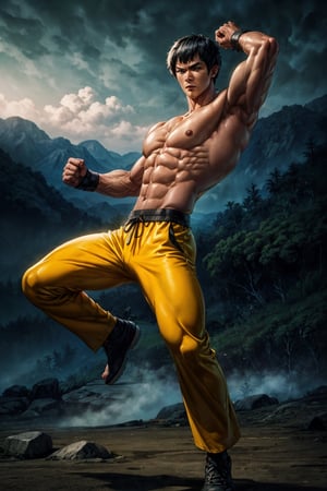 Masterpiece, UHD, 4k, realistic, the legendary Bruce Lee, a prominent martial artist, epic picture, muscular lean body, fighting pose, standing, half body, intense serious face, looking at viewer, wearing yellow pants, neat short_hair,perfecteyes, epic sky, dark foggy mountains in the background, perfect face