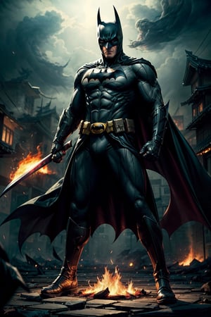 Masterpiece, UHD, 4k, "Visualize the legendary "Batman", a prominent character from "Batman" Comic. full body, create a Japanese anime inspired concept of him, He's bloody and muscular physique, reflecting his formidable strength.

"Batman" is clad in his signature suit, holding katana.

Set him against a background of another Batman in raging fire in a samurai village, with black flames dancing in the backdrop, creating an inferno-like atmosphere. The flames should emphasize his fiery abilities and his unwavering resolve.
