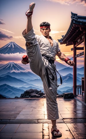 Create the most epic photo to street fighter ryu, standing, full body, dynamic kicking pose, intense face, wearing dojo pants, in a temple, looking at viewer, energy veins all over his body, Japan Mount Fuji background, sunset