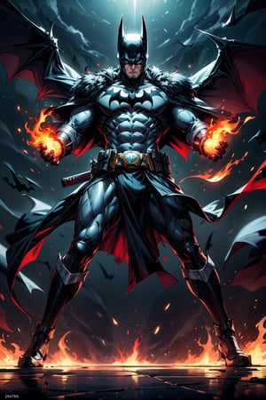 Masterpiece, UHD, 4k, "Visualize the legendary "Batman", a prominent character from "Batman" Comic. full body, create a French concept of him, He's bloody and muscular physique, reflecting his formidable strength.

"Batman" is clad in his signature suit, holding katana.

Set him against a background of another Batman in raging fire in a samurai village, with black flames dancing in the backdrop, creating an inferno-like atmosphere. The flames should emphasize his fiery abilities and his unwavering resolve.