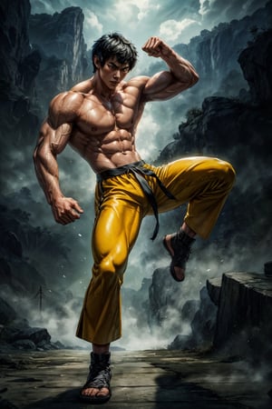 Masterpiece, UHD, 4k, realistic, the legendary Bruce Lee, a prominent martial artist, epic picture, muscular lean body, fighting pose, standing, half body, fierce face, wearing yellow pants, short_hair