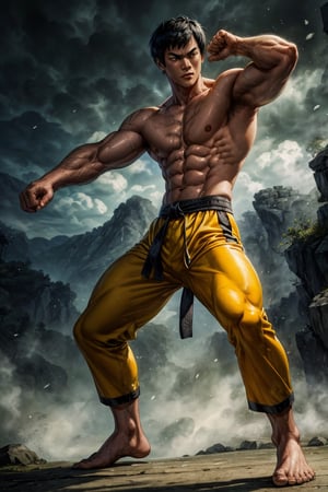 Masterpiece, UHD, 4k, realistic, the legendary Bruce Lee, a prominent martial artist, epic picture, muscular lean body, fighting pose, standing, half body, intense serious face, looking at viewer, wearing yellow pants, neat short_hair