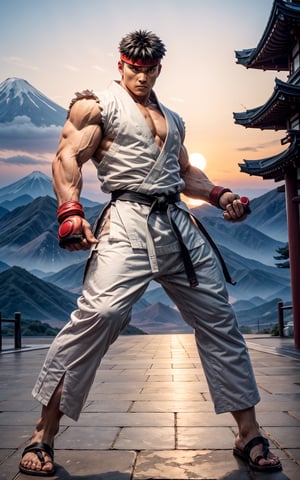 Create the most epic photo to street fighter ryu, standing, full body, standing and with a Taekwondo kick, fierce fighting face, wearing dojo pants, in a temple, looking at viewer, energy veins all over his body, Japan Mount Fuji background, sunset