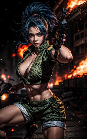 King of fighter Leona heidern, military shorts, clevage, blue hair, holding gun, dynamic pose, intense face, war zone background with explosions,perfecteyes
