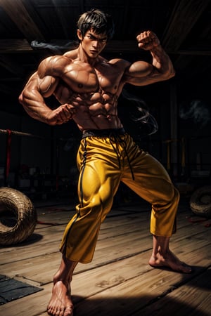 Masterpiece, UHD, 4k, realistic, the legendary Bruce Lee, a prominent martial artist, epic picture, muscular lean body, fighting pose, standing, half body, intense serious face, looking at viewer, wearing yellow pants, neat short_hair,perfecteyes, mysterious epic smoky mountains in the background