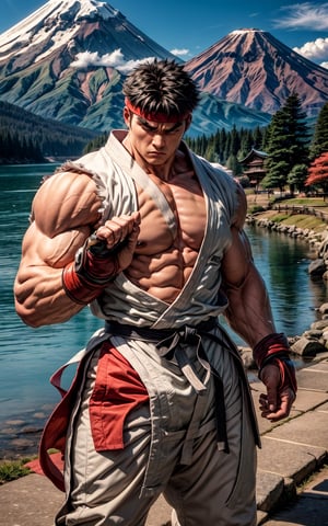 Create the most epic photo to street fighter ryu, muscular body, he's meditating, his body is emitting aura energy throughout, Japan Mount Fuji the background