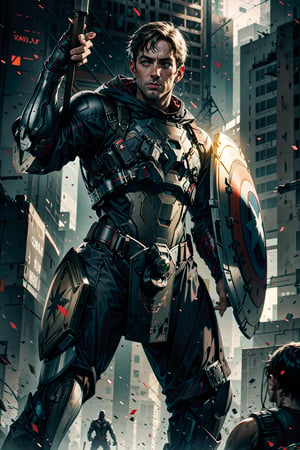 Captain America, cyberpunk, armour suit, holding shield, holding Mjollnir, battle pose