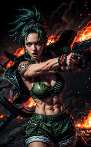 King of fighter Leona heidern, green military shorts and jacket, sports bra, clevage, blue hair, body tattoos, holding guns, dynamic pose, fierce expression face, looking at viewer, day time, fiery war zone background with big explosions,perfecteyes