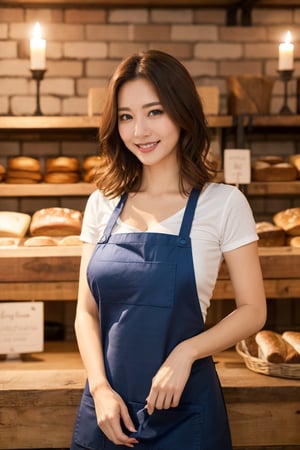 (masterpiece), 1 beautiful singaporean matured MILF, medium length wavy brown hair, blue eyes,large breasts, clevage, under_boob, perfect skin, looking at viewer, cute seductive smile, wearing tight mini apron, full body, inside rustic antique bread bakery shop background, warm candle lighting