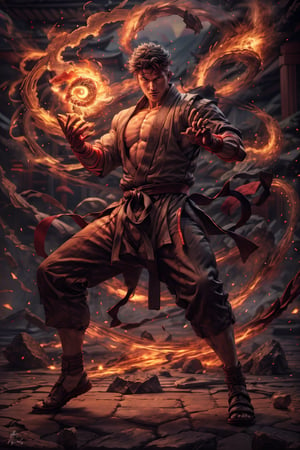 Create the most epic photo to street fighter ryu, standing, full body, dynamic pose, wearing dojo pants, in a temple, looking at viewer, energy veins all over his body, Japan Mount Fuji background, sunset,pyromancer