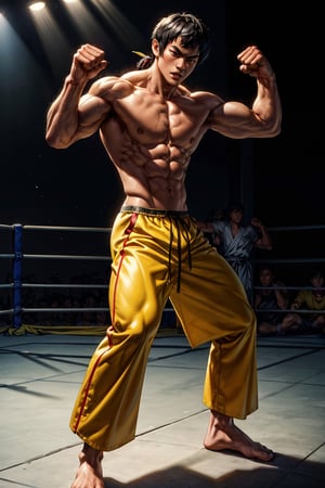 Masterpiece, UHD, 4k, realistic, the legendary Bruce Lee, a prominent martial artist, epic picture, muscular lean body, fighting pose, standing, half body, intense face, wearing yellow pants
