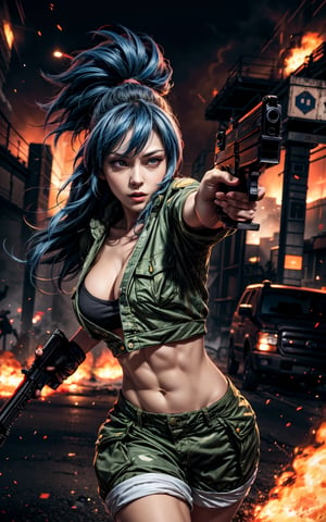 King of fighter Leona heidern, military shorts, clevage, blue hair, holding gun, dynamic pose, intense face, war zone background with explosions