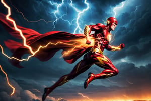 Masterpiece, Dc comics the flash, running, dc comics Superman I his signature costume, flying behind and chasing the flash, epic sky, lightning