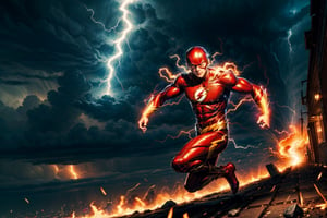 Create the most epic version of dc comics The Flash, in his signature red suit, looking and running towards the viewer, behind him, Superman flying and chasing him, both speeding ahead, flashes and lightning bolt effects, epic sky,human on fire