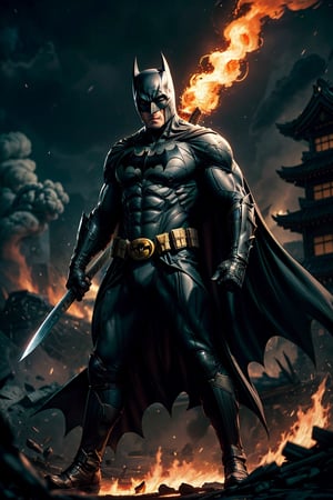Masterpiece, UHD, 4k, "Visualize the legendary "Batman", a prominent character from "Batman" Comic. full body, create a Chinese mythical concept of him, He's bloody and muscular physique, reflecting his formidable strength.

"Batman" is clad in his signature suit, holding katana.

Set him against a background of another Batman in raging fire in a samurai village, with black flames dancing in the backdrop, creating an inferno-like atmosphere. The flames should emphasize his fiery abilities and his unwavering resolve.
