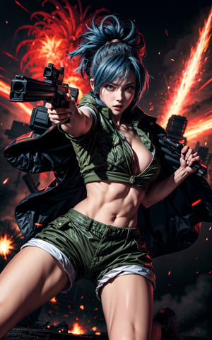 King of fighter Leona heidern, military shorts, clevage, blue hair, holding gun, dynamic pose, intense face, war zone background with explosions