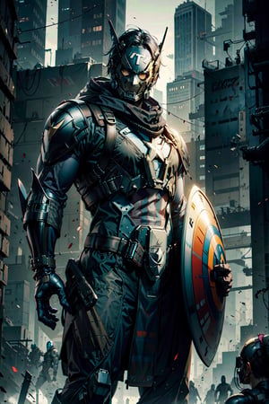 Captain America, cyberpunk, armour suit, mask on, holding shield, holding Mjollnir, battle pose