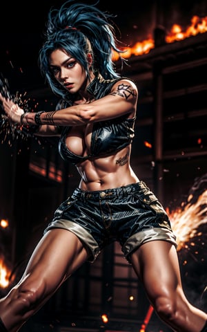 King of fighter Leona heidern, military shorts, clevage, blue hair, body tattoos, firing with AK47, dynamic pose, intense face, war zone background with explosions,perfecteyes