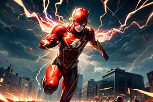 Create the most epic version of dc comics The Flash, in his signature red suit, yellow glowing lightning eyes, looking and running towards the viewer, in the background, Superman flying and chasing him, both speeding ahead, flashes and lightning bolt effects, epic sky