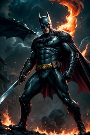 Masterpiece, UHD, 4k, "Visualize the legendary "Batman", a prominent character from "Batman" Comic. full body, create a French concept of him, He's bloody and muscular physique, reflecting his formidable strength.

"Batman" is clad in his signature suit, holding katana.

Set him against a background of another Batman in raging fire in a samurai village, with black flames dancing in the backdrop, creating an inferno-like atmosphere. The flames should emphasize his fiery abilities and his unwavering resolve.