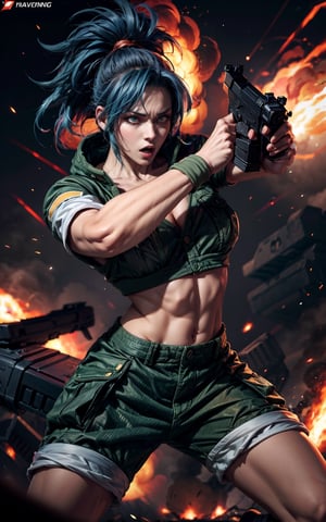 King of fighter Leona heidern, green military shorts and jacket, sports bra, clevage, blue hair, body tattoos, holding guns, dynamic pose, fierce expression face, looking at viewer, day time, fiery war zone background with big explosions,perfecteyes