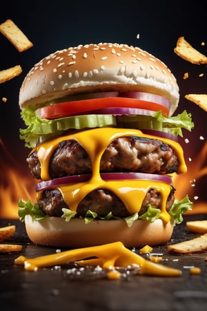 A burger falling in pieces juicy, tasty, hot, promotional photo, intricate details, hdr, cinematic, adobe lightroom, highly detailed