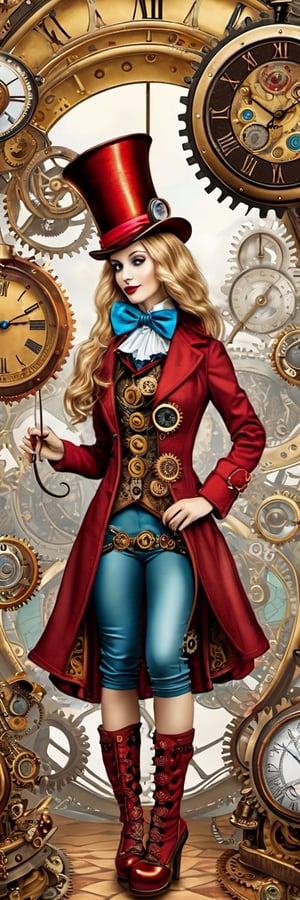 (a (steampunk alice) in wonderland), a hat with dials cogs and clocks, (fullbody:1.4) including legs and feet with red shoes on,detailmaster2,Coloring Book