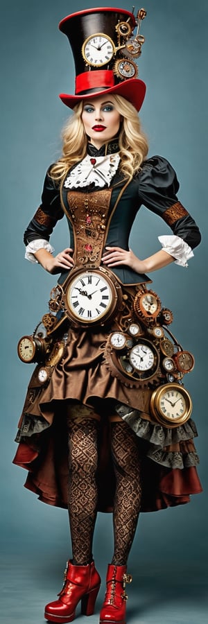 (a (steampunk alice) in wonderland), a hat with dials cogs and clocks, (fullbody:1.4) including legs and feet with red shoes on
