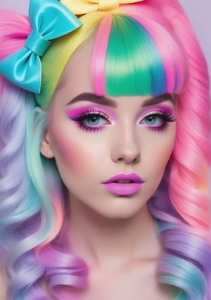 a close up of a woman with a colorful wig and a bow, a pastel inspired by Lisa Frank, tumblr, pop surrealism, belle delphine, decora inspired, pastel makeup, colorful pastel, candy girl, acid pixie, colorful rave makeup, pastel goth, candy pastel, vibrant pastel colors, colorful aesthetic, saturated pastel colors, pastel rainbow, pastel overflow
