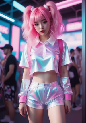 there is a woman in a pink and white shirt and shorts, y 2 k cutecore clowncore, anaglyph effect ayami kojima, chrome outfit, sakimichan hdri, rave outfit, holographic, glitchpunk girl, bold rave outfit, cute rave outfit, belle delphine, 8 0's airbrush aesthetic
