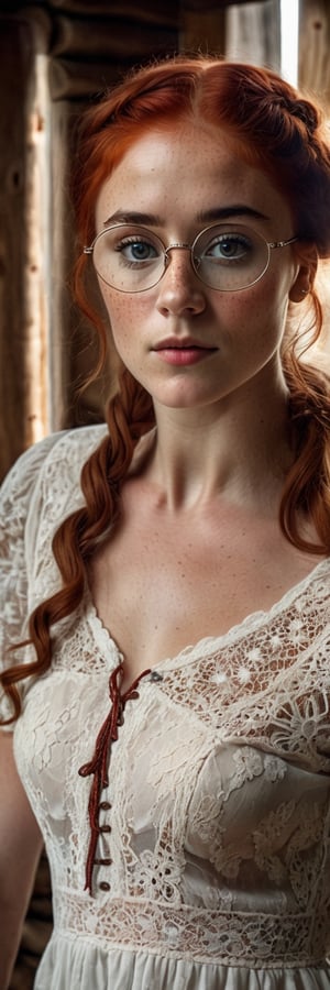 (8k, RAW photo, highest quality), beautiful woman, close up, white see thtough lace dress, (red hair, freckels, detailed eyes:1.1, wire round frame glasses), (standing side on looking at the camera:1.4), (highest quality), (best shadow),  intricate details, interior, in an old western log cabin, muted colors, ,Masterpiece,Enhanced Reality