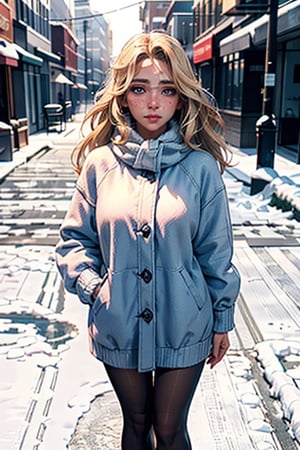 professional portrait photograph of a gorgeous girl in winter clothing with long wavy blonde hair, ((sultry flirty look)), freckles, beautiful symmetrical face, cute natural makeup, wearing elegant winter fashion clothing, ((standing outside in snowy city street)), stunning modern urban upscale environment, ultra realistic, concept art, elegant, highly detailed, intricate, sharp focus, depth of field, f/1. 8, 85mm, medium shot, mid shot, (centered image composition), (professionally color graded), ((bright soft diffused light)), volumetric fog, hdr 4k, 8k, 3ls4