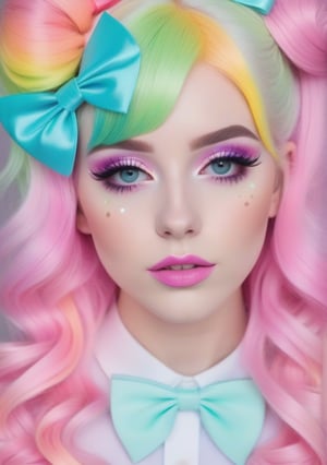 a close up of a woman with a colorful wig and a bow, belle delphine, decora inspired, pastel makeup, colorful pastel, candy girl, acid pixie, colorful rave makeup, pastel goth, candy pastel, vibrant pastel colors, colorful aesthetic, saturated pastel colors, pastel rainbow, pastel overflow, colourful pastel, pop makeup style, pastel colored, rave inspired