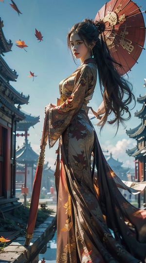 (features),flying goddess,immortal style,the whole body is surrounded by lightning,(wearing hanfu:1.3),gold ornaments,gorgeous long dress,flying clothes,(tall ancient chinese buildings:1.5),(floating leaves:1.5),a lot of clouds and fog,(floating long hair:1.3),(red veil:1.2),(paper oil umbrella:1.3),