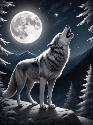 A blck and white pencil drawing of a baying wolf at the moon in front of a forested mountain, at night with stars and  full moon
